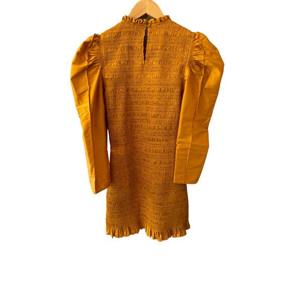 Ulla Johnson Aurele Dress Mustard Shirred Taffeta Mini Dress US 6 / Medium - Picture 5 of 9